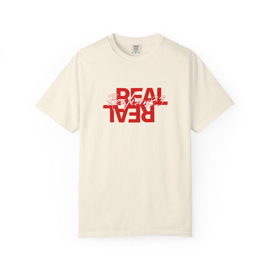Real/Real Inverted Graphic T-Shirt — Red Distressed Text