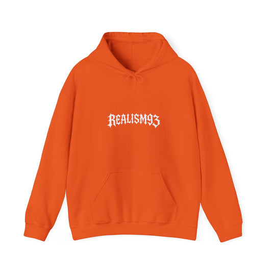 Realism93 Gothic Logo Hoodie — Black Graphic Pullover for Streetwear & Music Fans