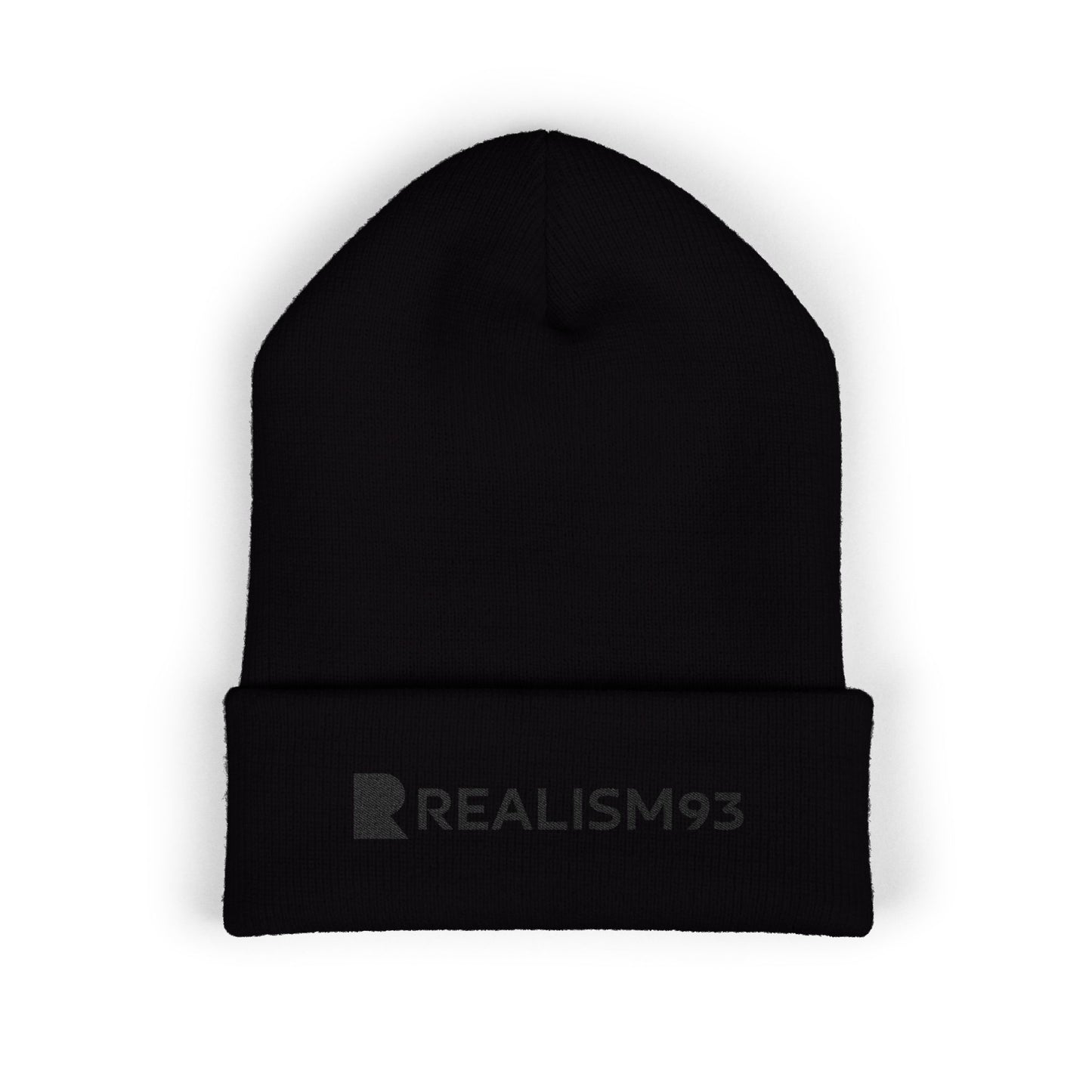 Realism93 Black Logo Embroidered Cuffed Beanie — Minimal Logo Knit Hat