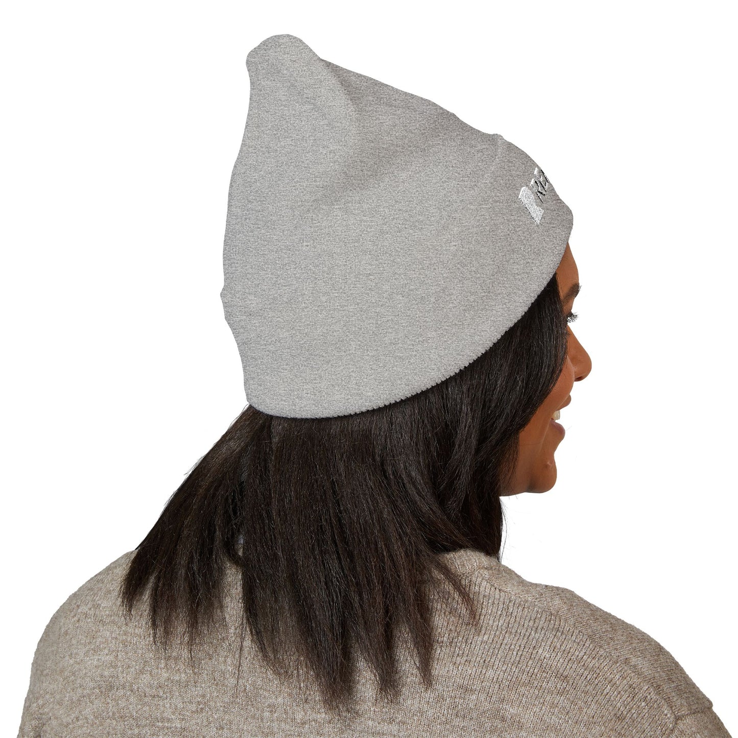 Realism93 White Logo Embroidered Cuffed Beanie — Minimal Logo Knit Hat