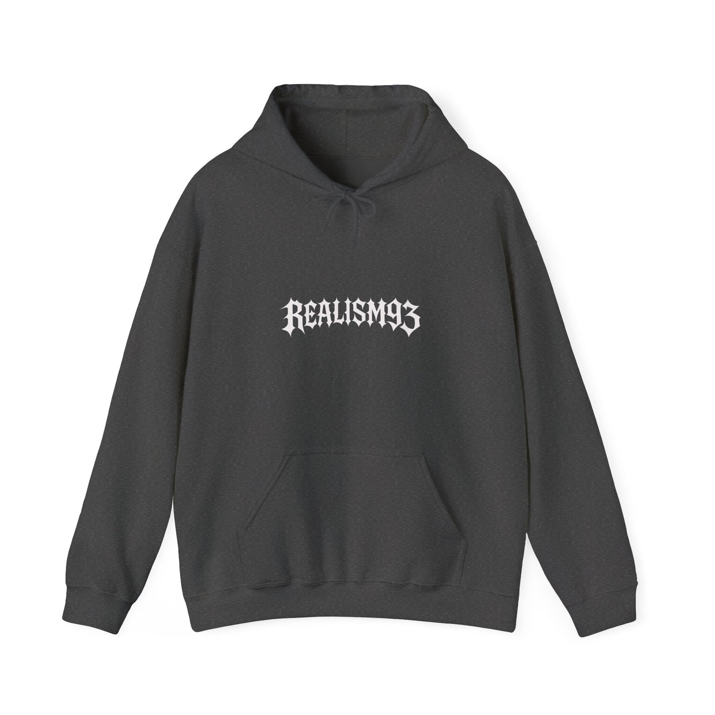 Realism93 Gothic Logo Hoodie — Black Graphic Pullover for Streetwear & Music Fans