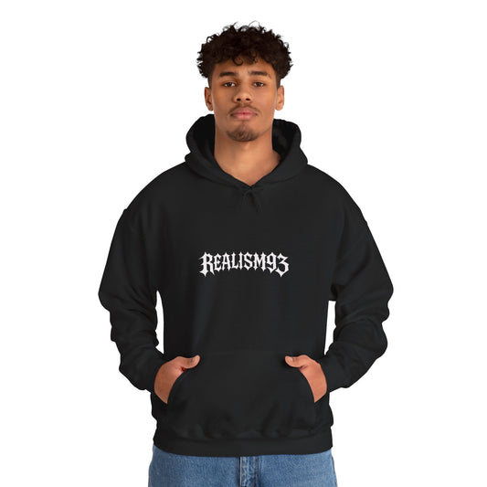 Realism93 Gothic Logo Hoodie — Black Graphic Pullover for Streetwear & Music Fans