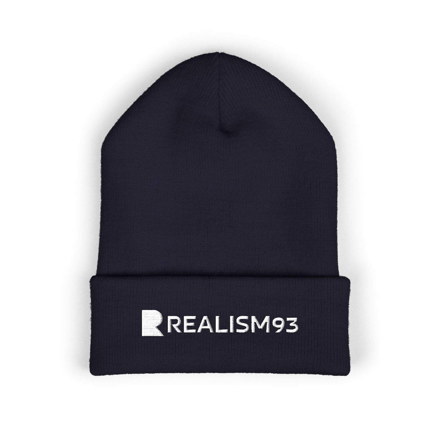 Realism93 White Logo Embroidered Cuffed Beanie — Minimal Logo Knit Hat