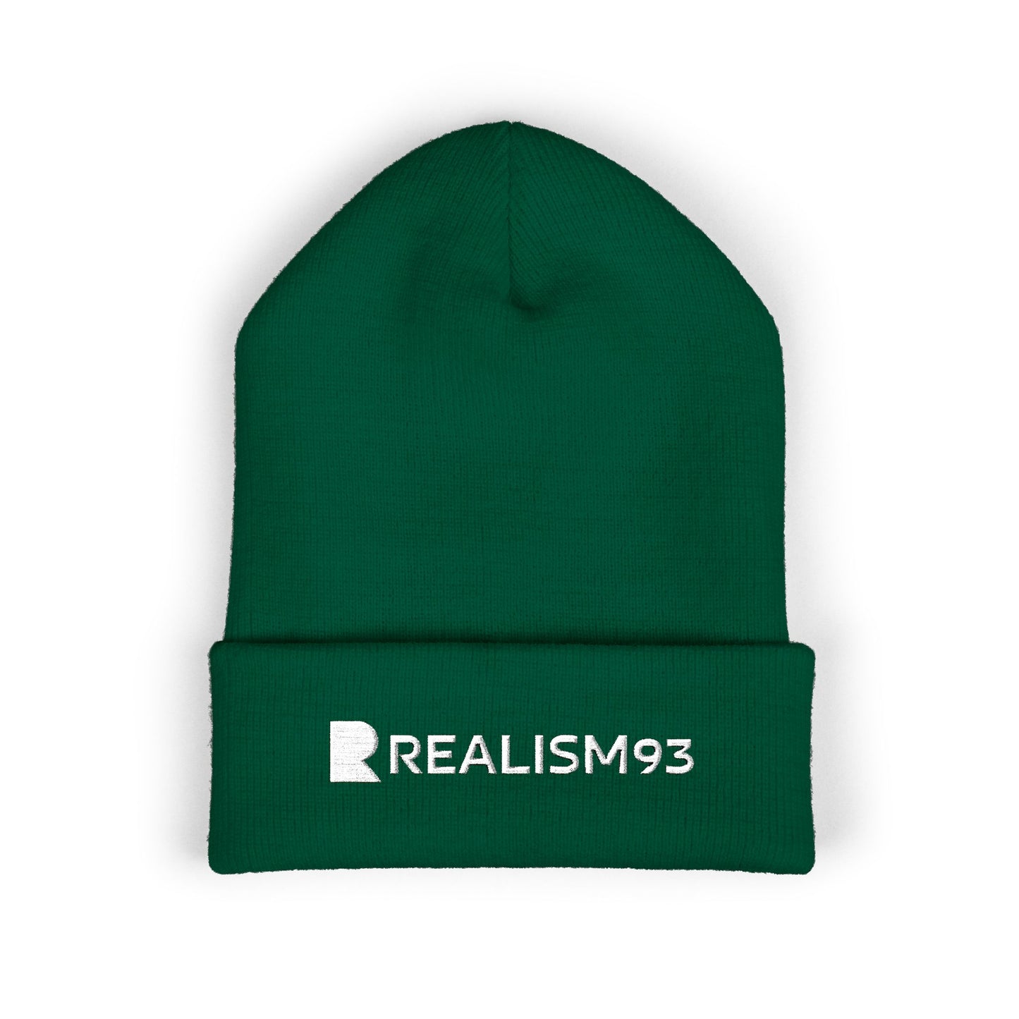 Realism93 White Logo Embroidered Cuffed Beanie — Minimal Logo Knit Hat