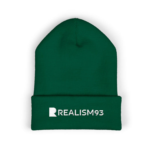 Realism93 White Logo Embroidered Cuffed Beanie — Minimal Logo Knit Hat