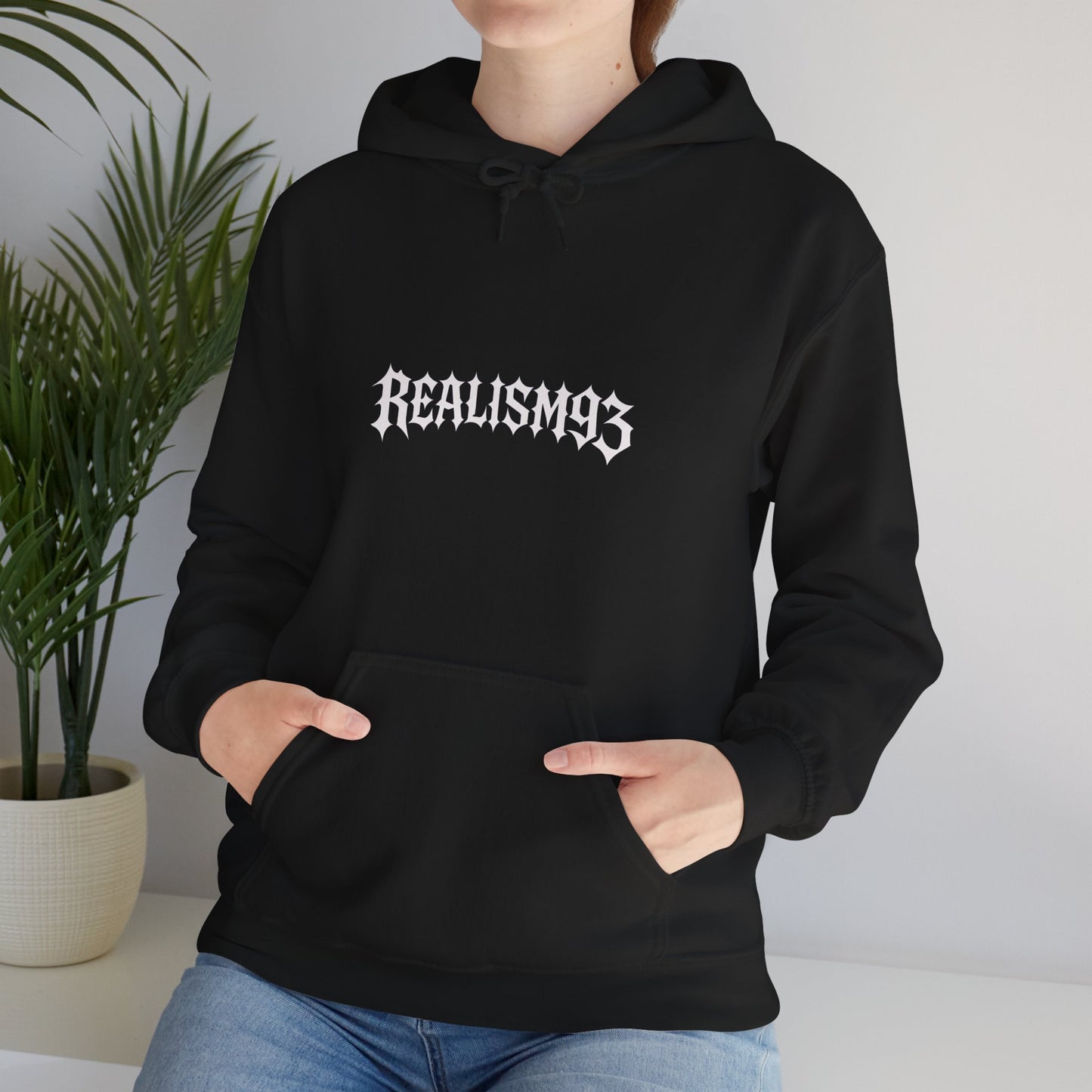 Realism93 Gothic Logo Hoodie — Black Graphic Pullover for Streetwear & Music Fans