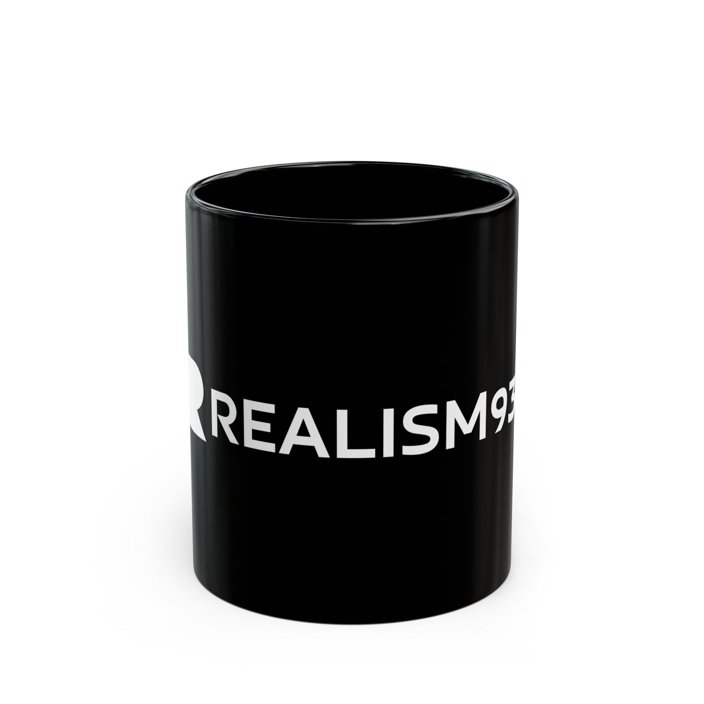 Realism93 Black Ceramic Mug — Minimal Logo Coffee Cup (11oz)
