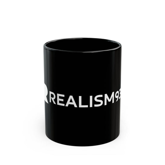 Realism93 Black Ceramic Mug — Minimal Logo Coffee Cup (11oz)