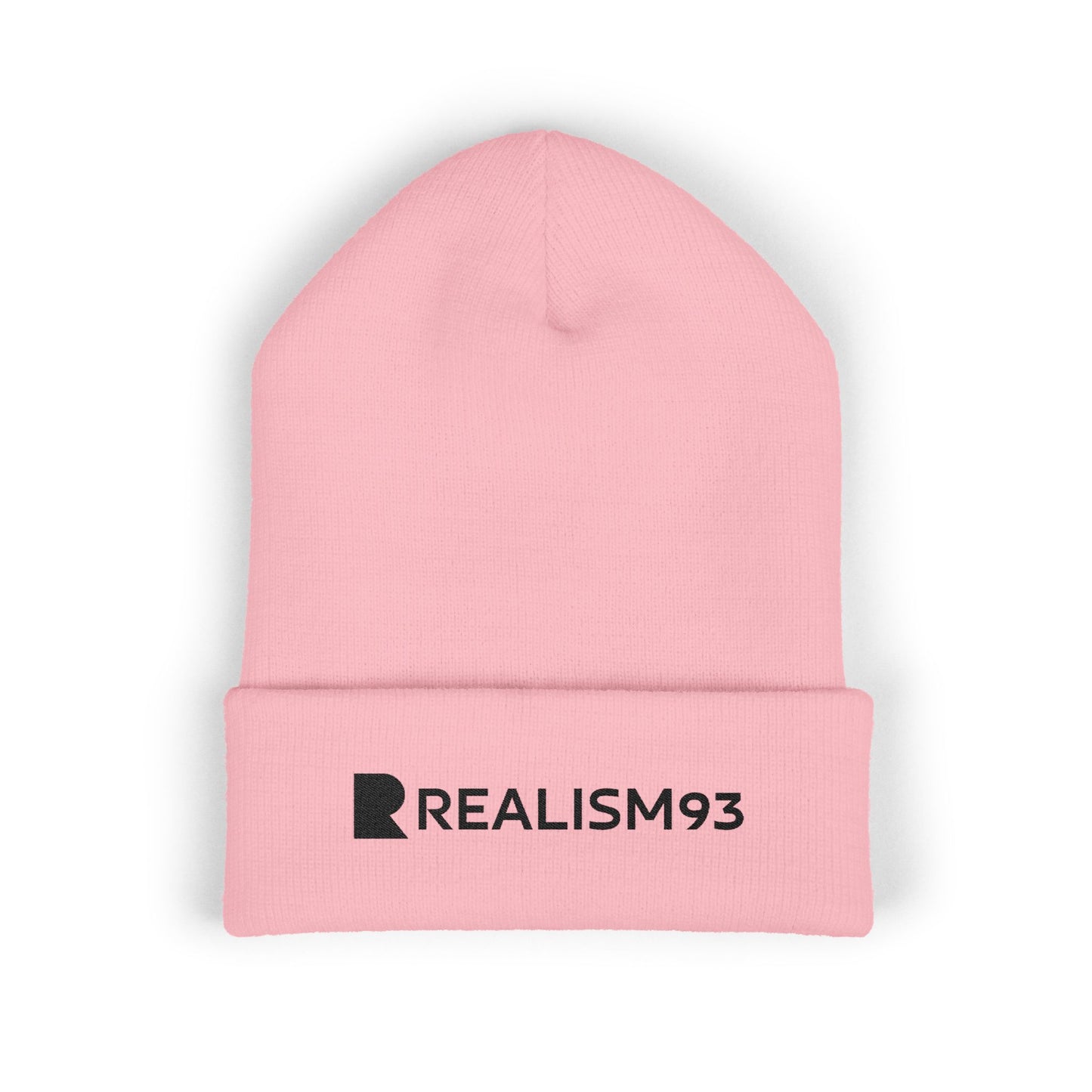 Realism93 Black Logo Embroidered Cuffed Beanie — Minimal Logo Knit Hat