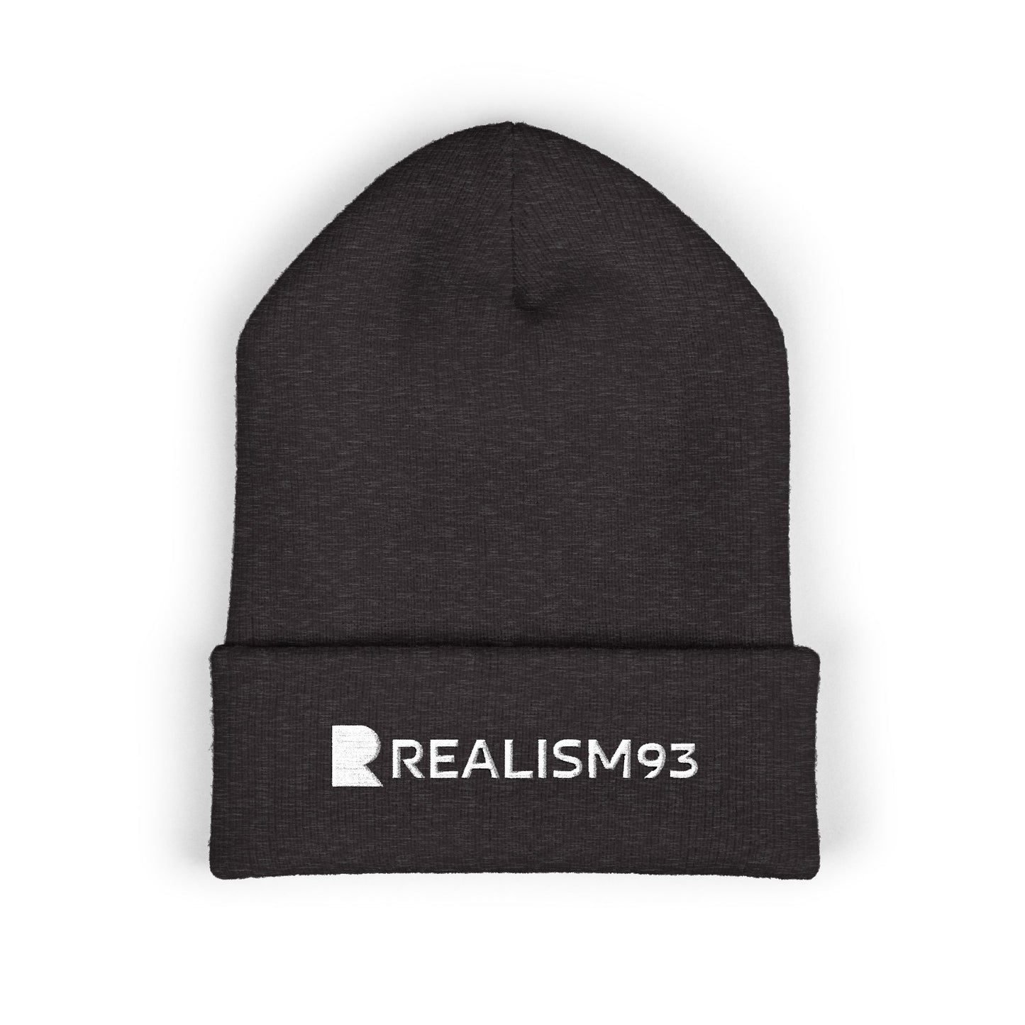 Realism93 White Logo Embroidered Cuffed Beanie — Minimal Logo Knit Hat