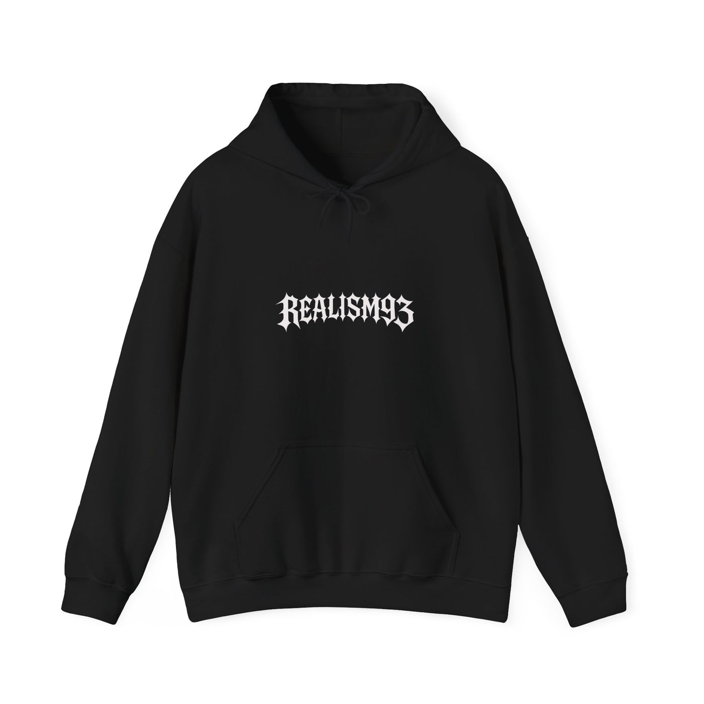 Realism93 Gothic Logo Hoodie — Black Graphic Pullover for Streetwear & Music Fans