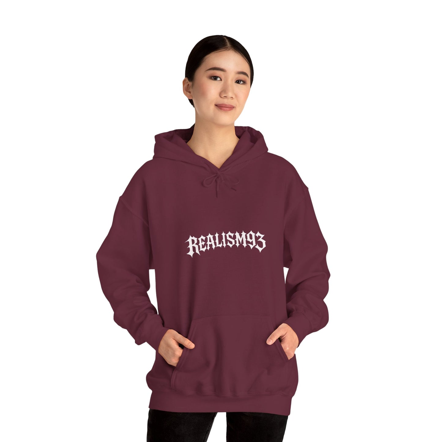 Realism93 Gothic Logo Hoodie — Black Graphic Pullover for Streetwear & Music Fans