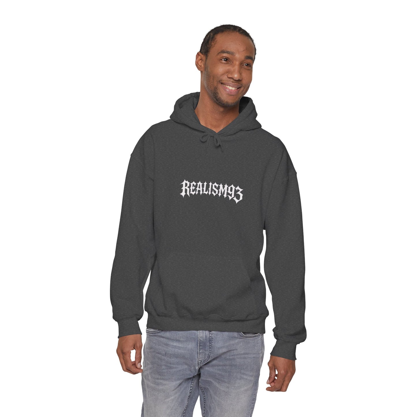 Realism93 Gothic Logo Hoodie — Black Graphic Pullover for Streetwear & Music Fans