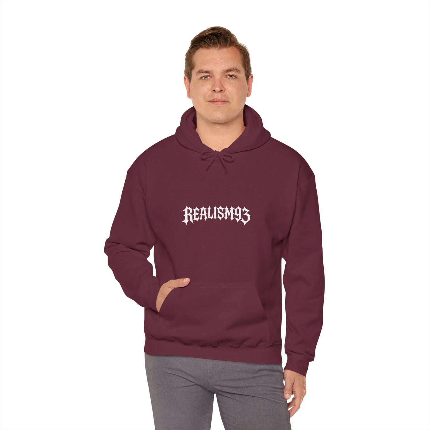 Realism93 Gothic Logo Hoodie — Black Graphic Pullover for Streetwear & Music Fans