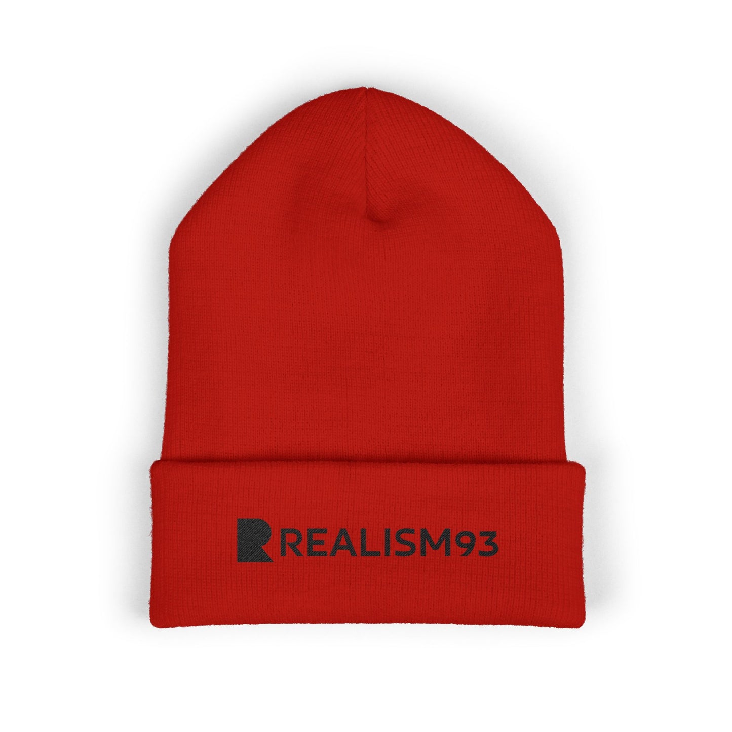 Realism93 Black Logo Embroidered Cuffed Beanie — Minimal Logo Knit Hat