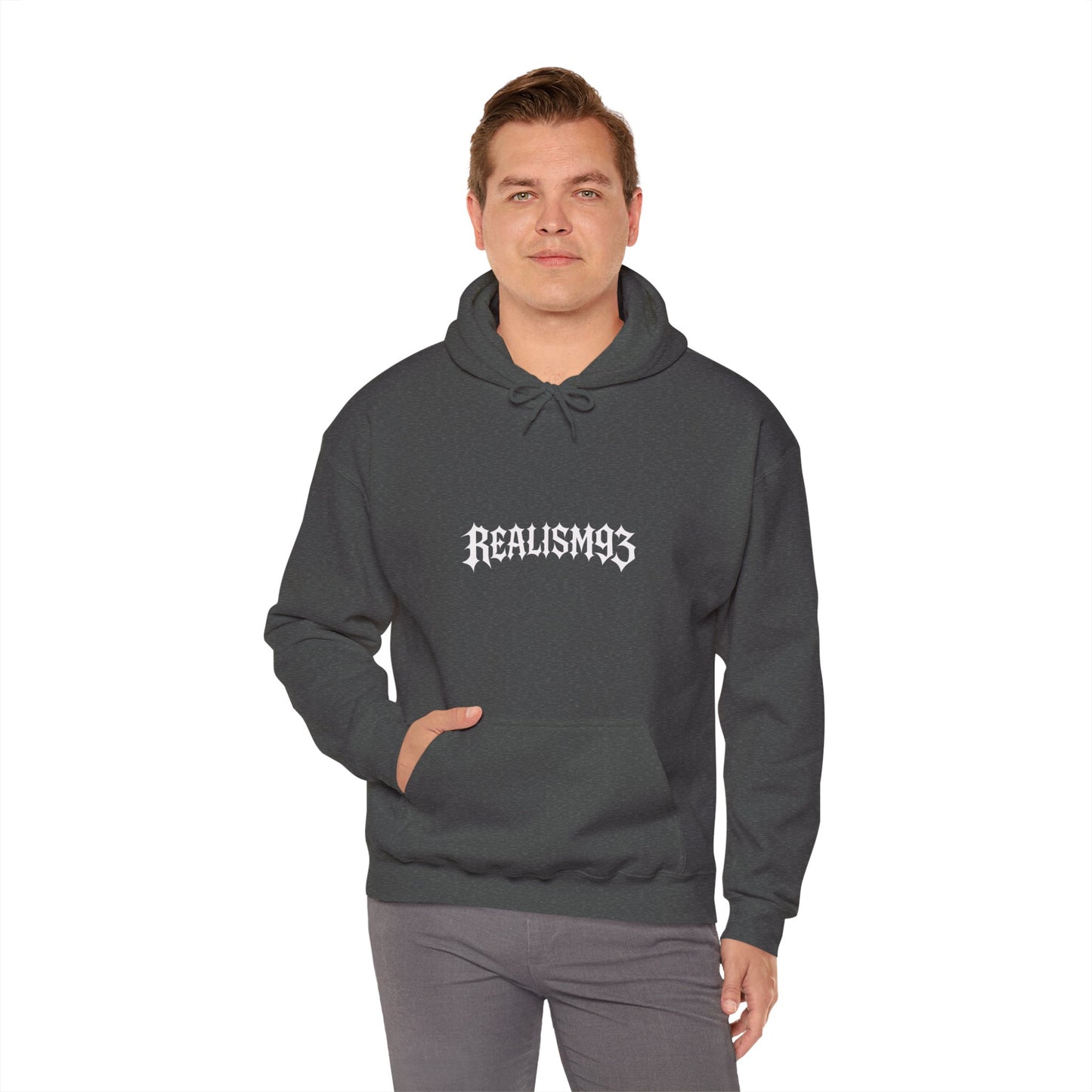 Realism93 Gothic Logo Hoodie — Black Graphic Pullover for Streetwear & Music Fans