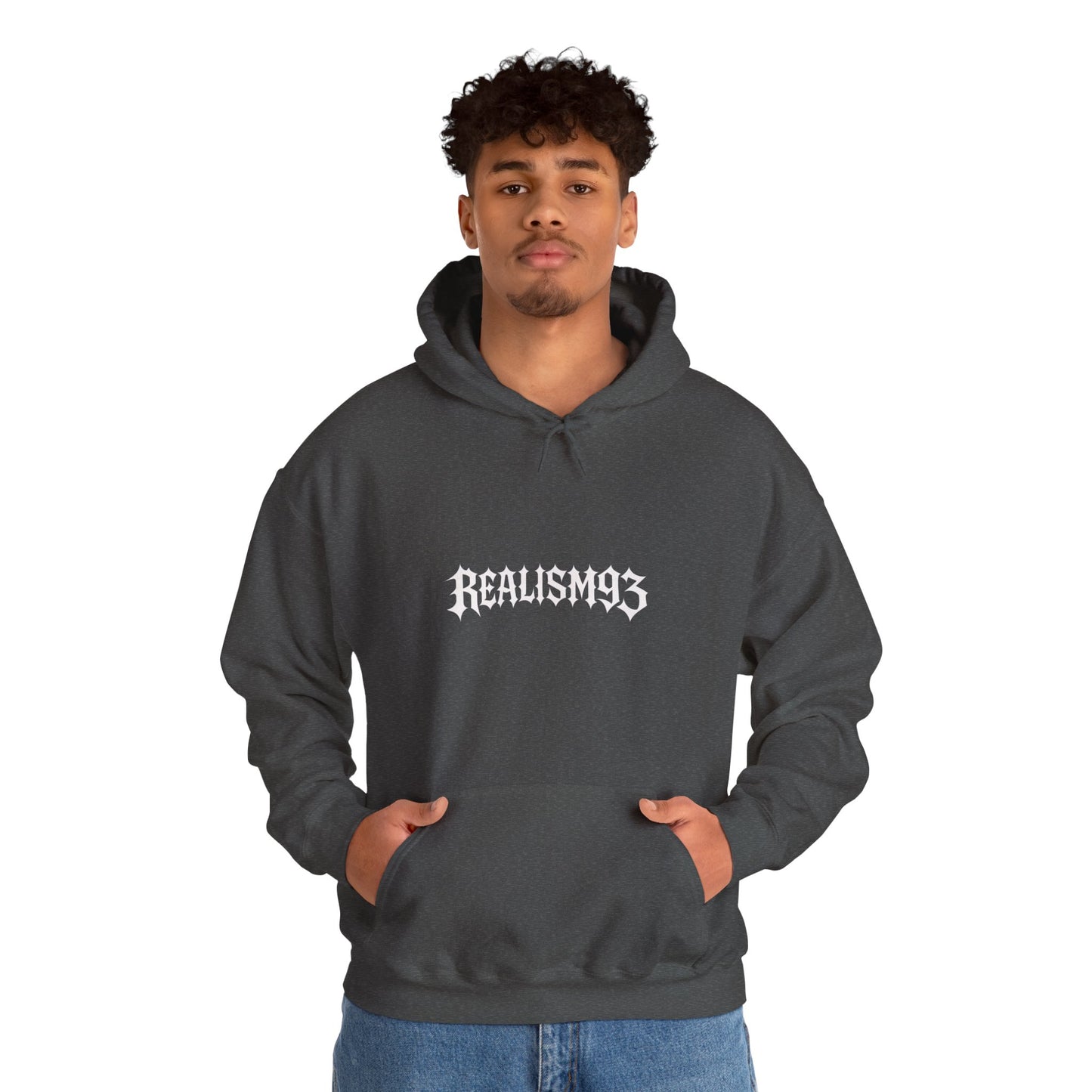 Realism93 Gothic Logo Hoodie — Black Graphic Pullover for Streetwear & Music Fans
