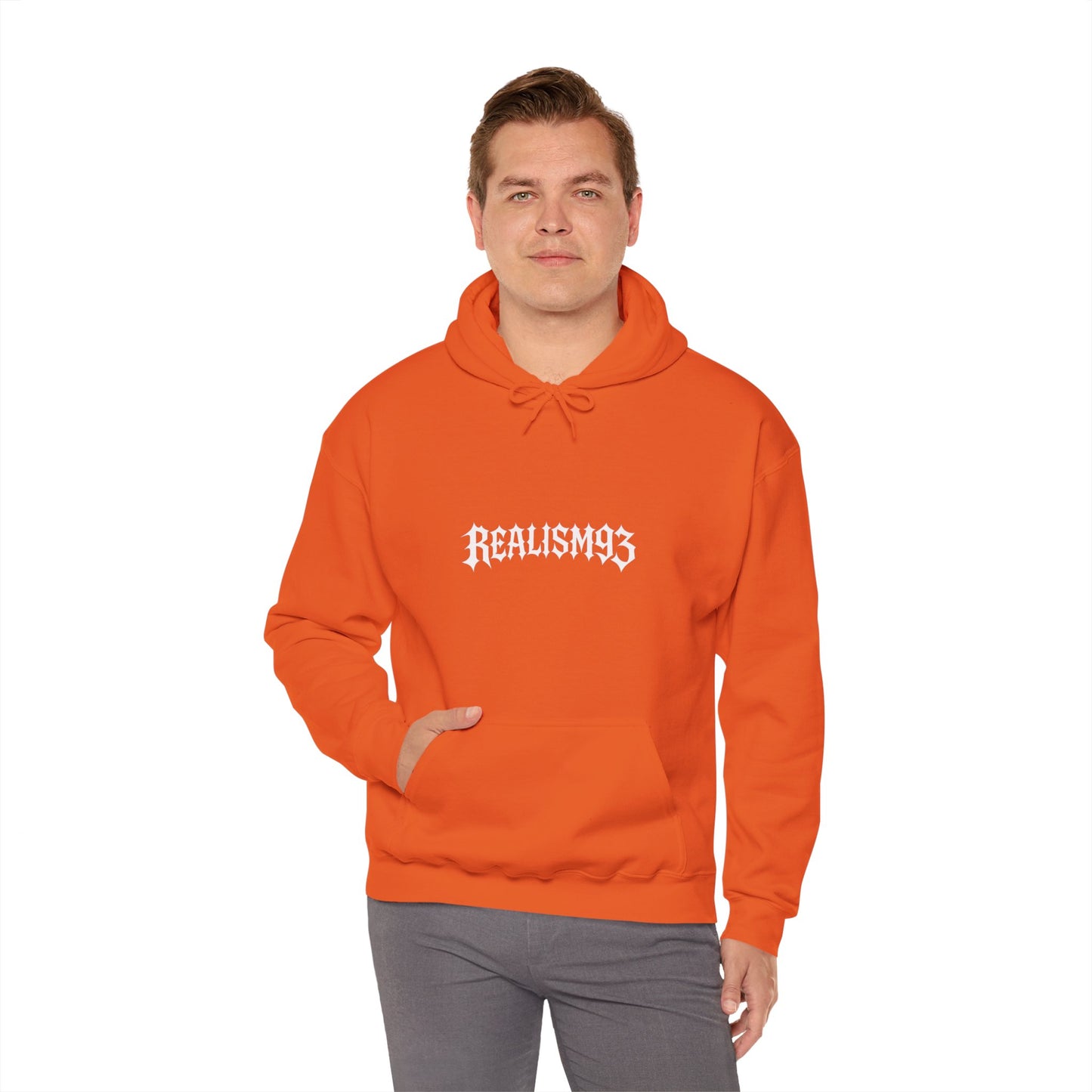 Realism93 Gothic Logo Hoodie — Black Graphic Pullover for Streetwear & Music Fans