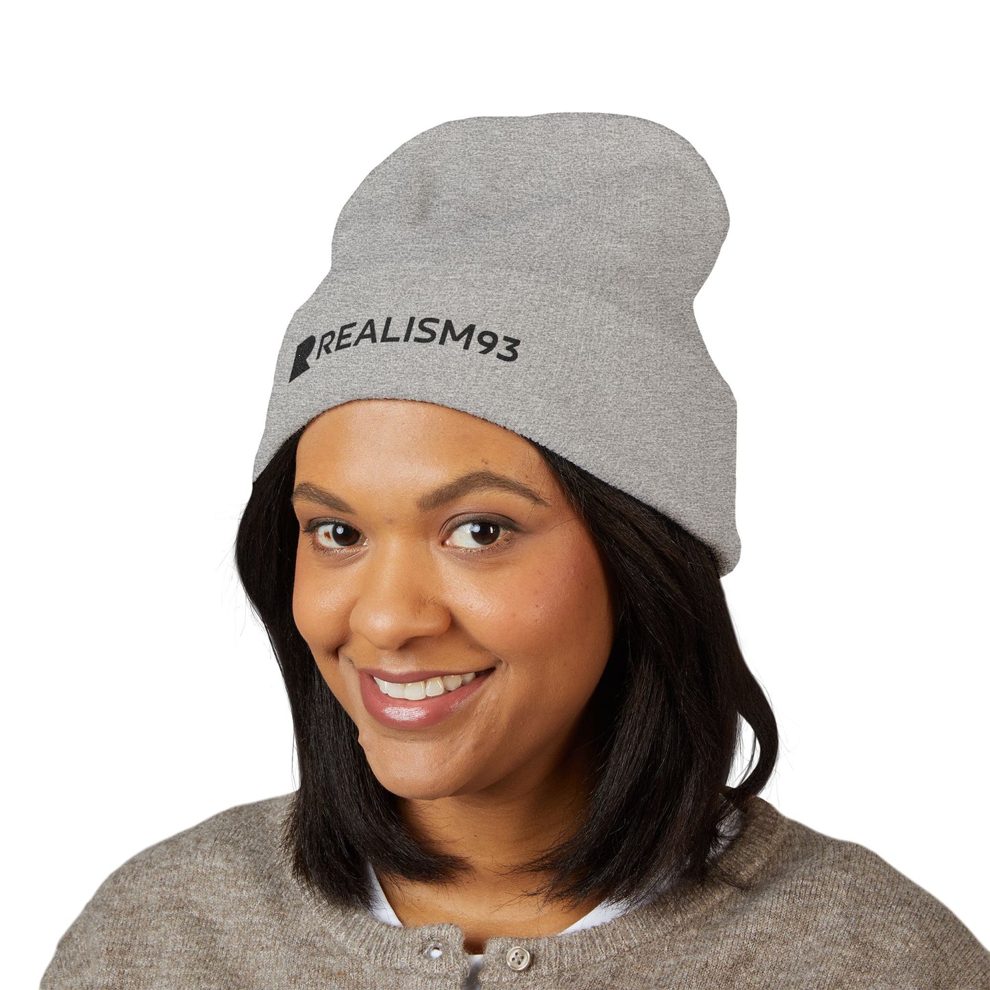 Realism93 Black Logo Embroidered Cuffed Beanie — Minimal Logo Knit Hat