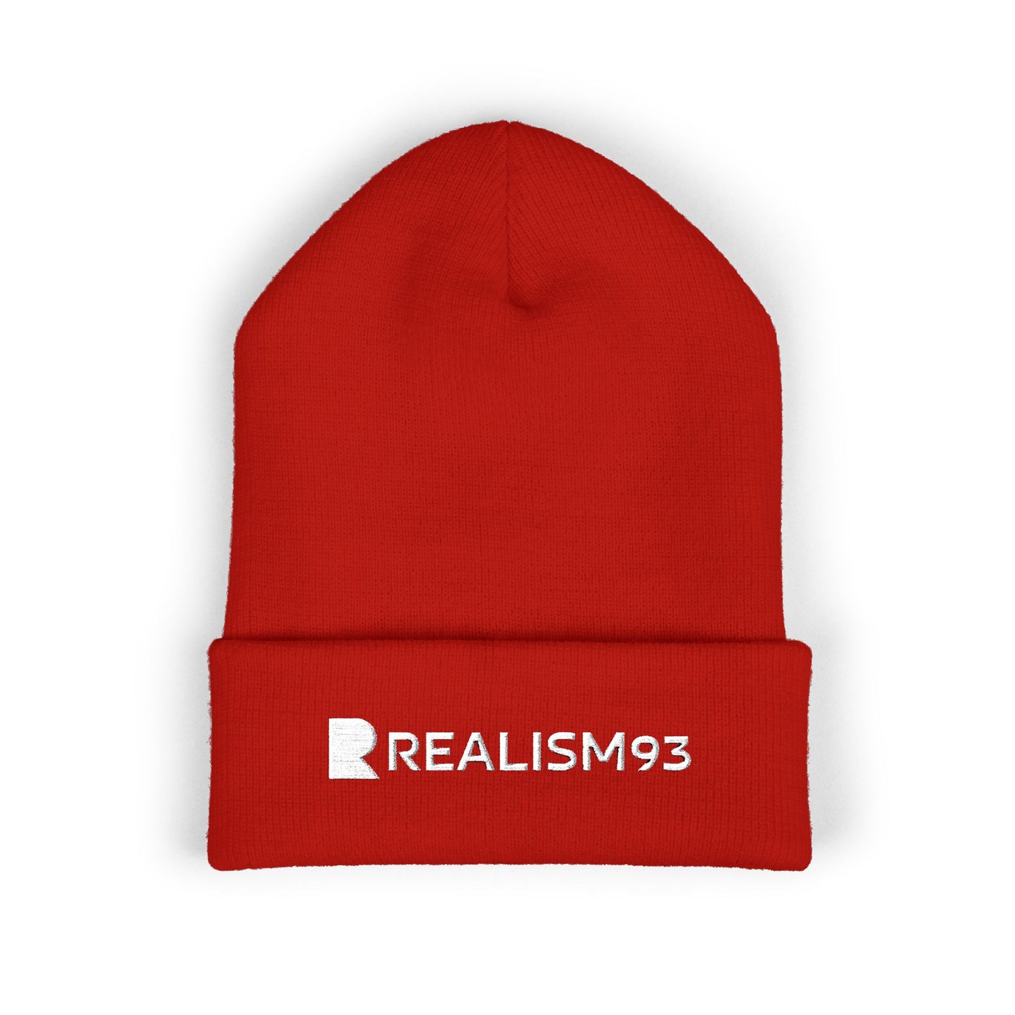 Realism93 White Logo Embroidered Cuffed Beanie — Minimal Logo Knit Hat
