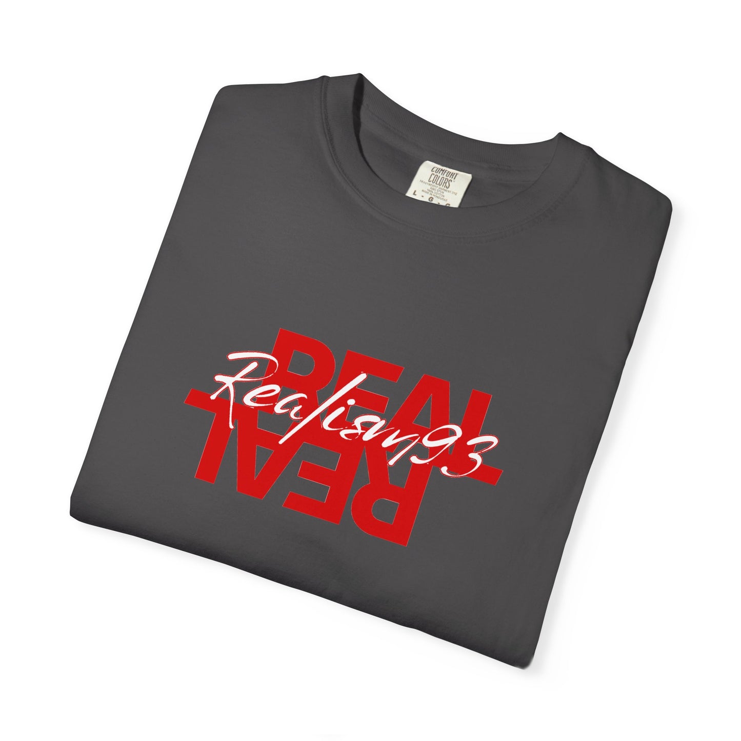 Real/Real Inverted Graphic T-Shirt — Red Distressed Text