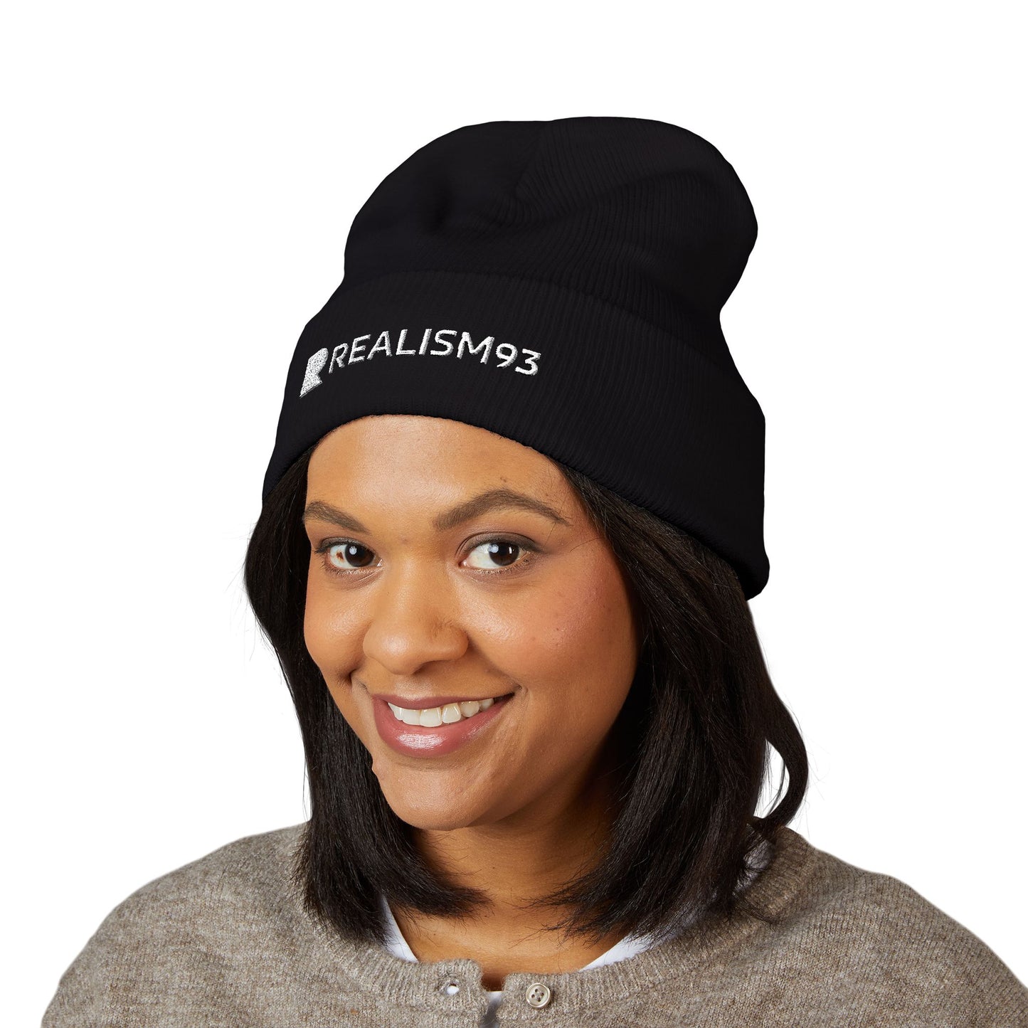 Realism93 White Logo Embroidered Cuffed Beanie — Minimal Logo Knit Hat
