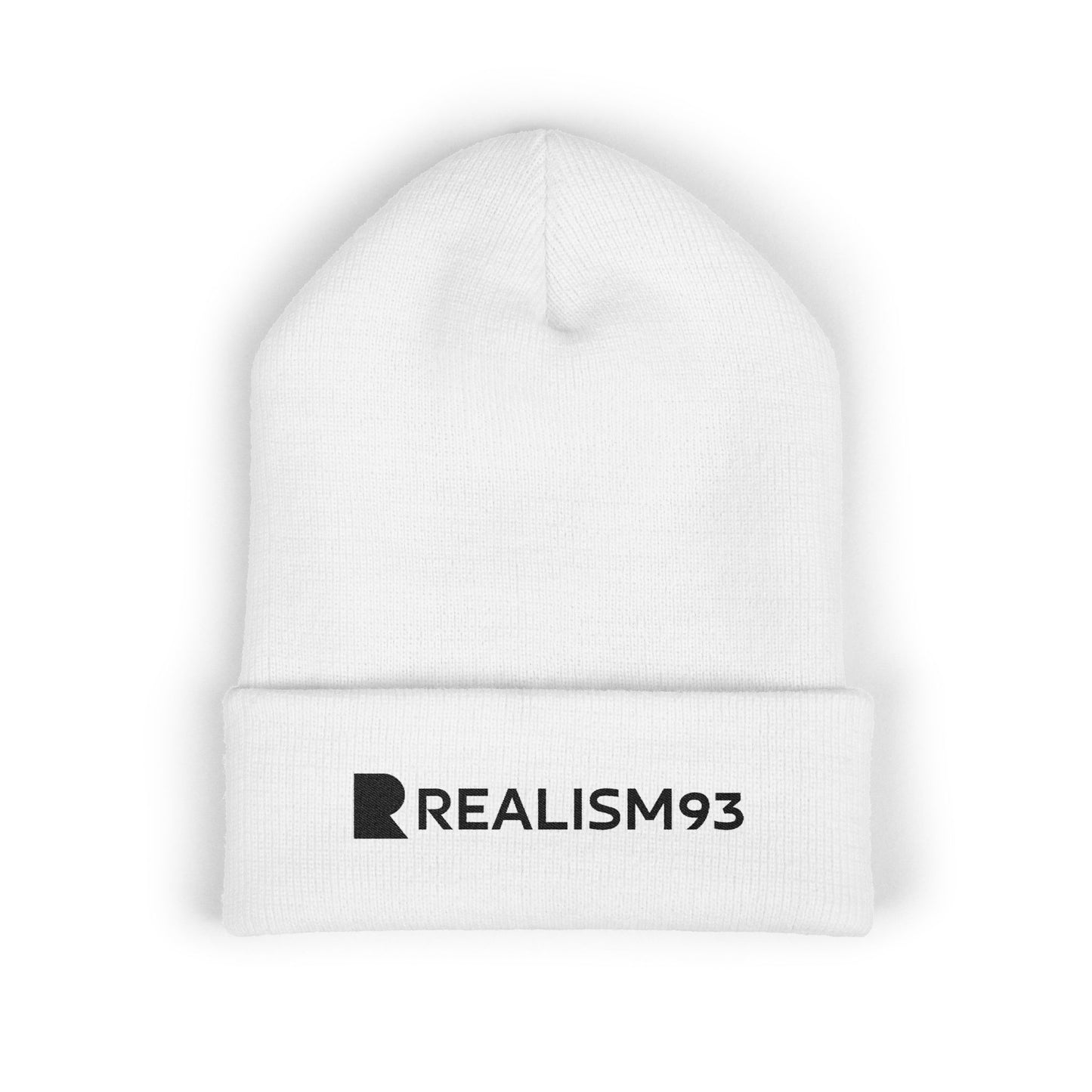 Realism93 Black Logo Embroidered Cuffed Beanie — Minimal Logo Knit Hat