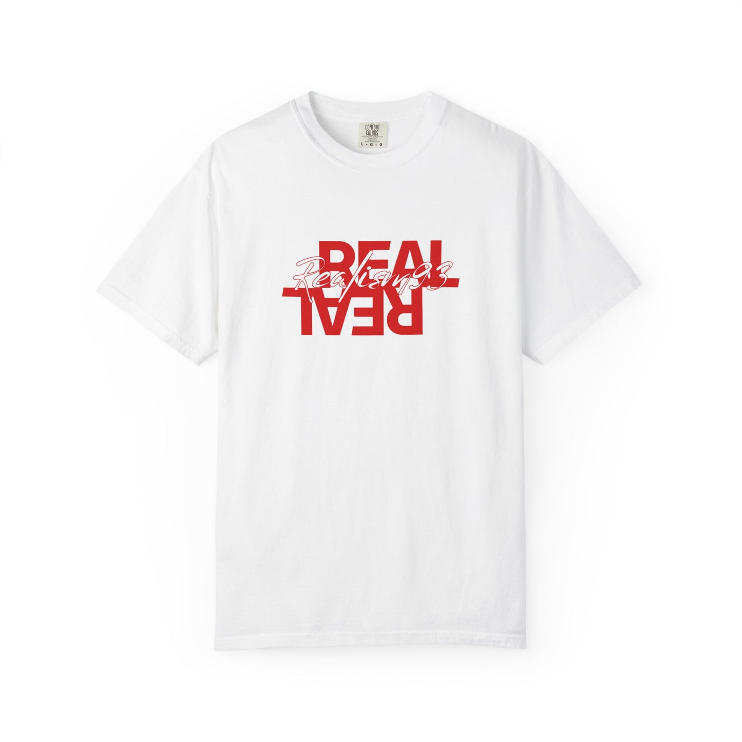 Real/Real Inverted Graphic T-Shirt — Red Distressed Text