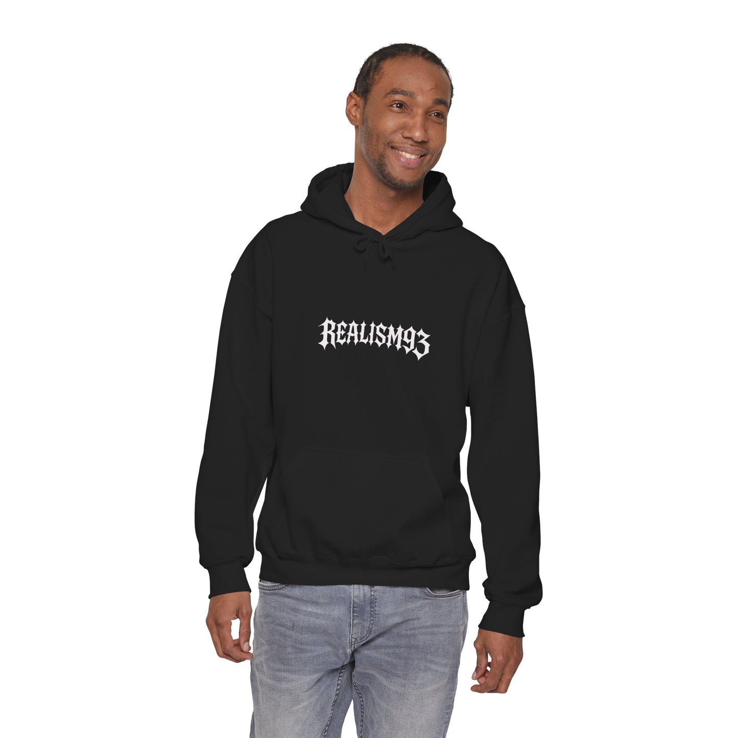 Realism93 Gothic Logo Hoodie — Black Graphic Pullover for Streetwear & Music Fans