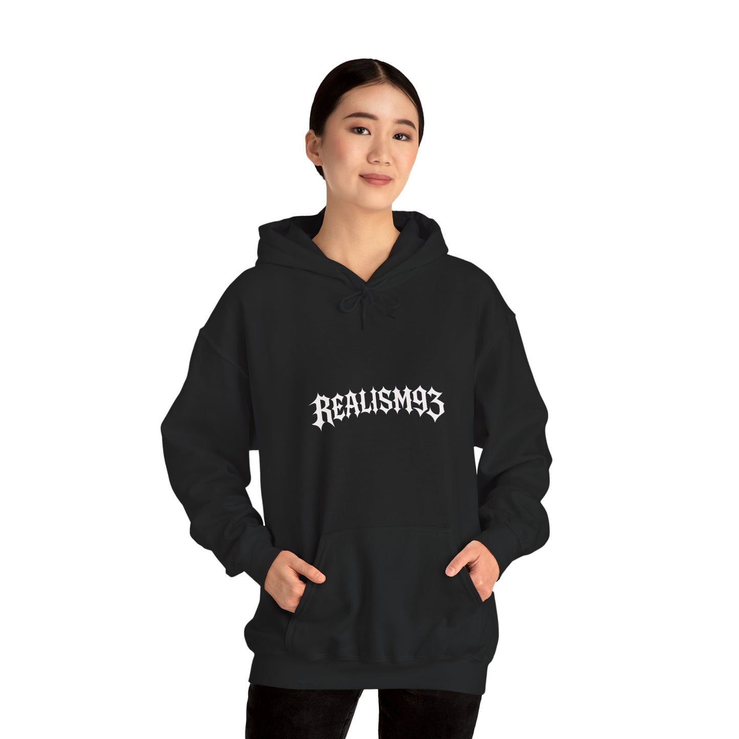 Realism93 Gothic Logo Hoodie — Black Graphic Pullover for Streetwear & Music Fans