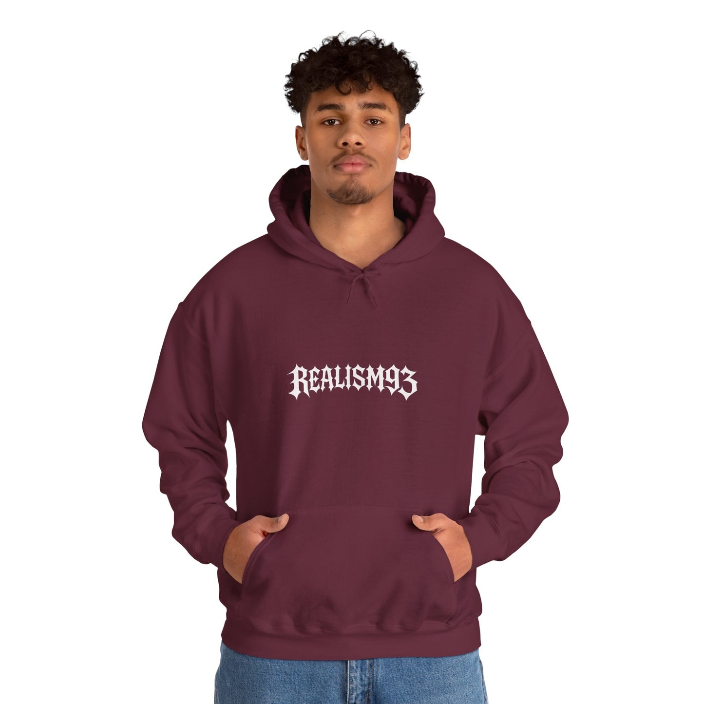 Realism93 Gothic Logo Hoodie — Black Graphic Pullover for Streetwear & Music Fans