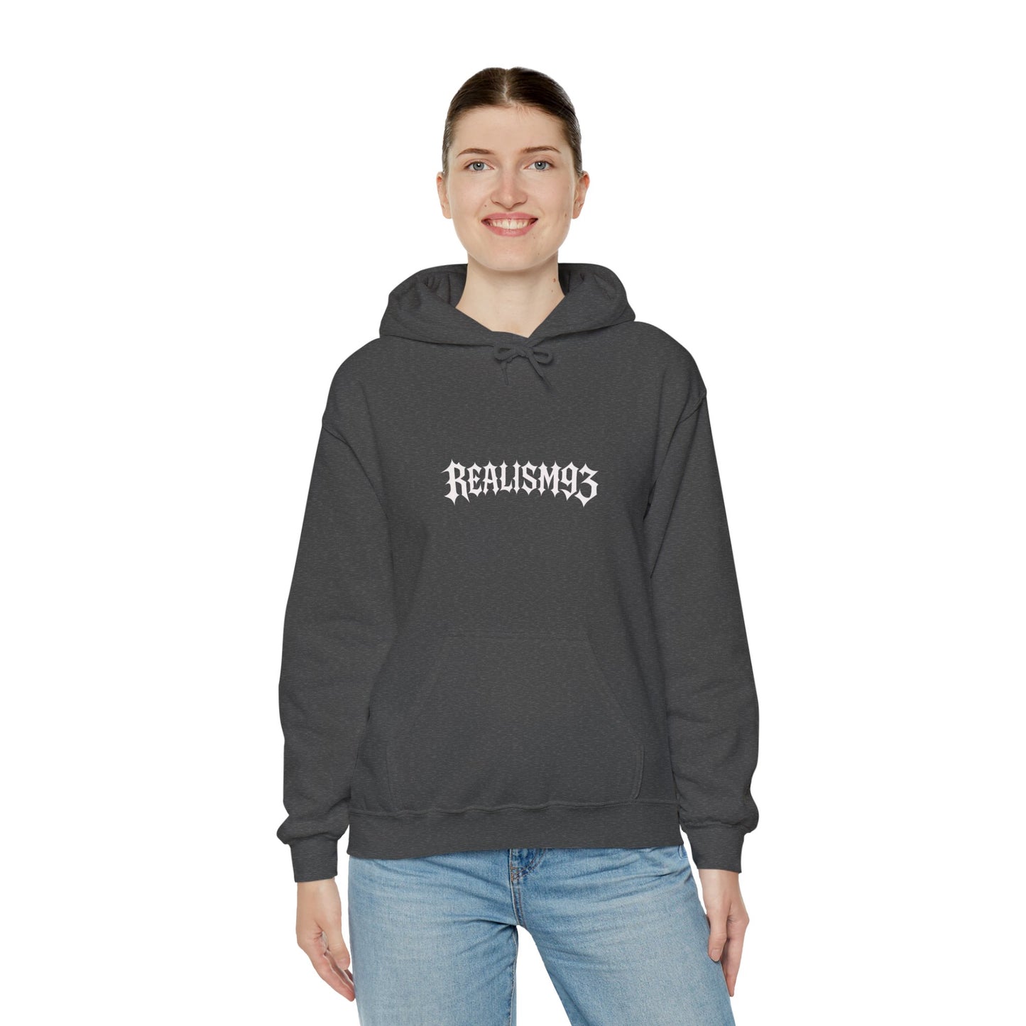 Realism93 Gothic Logo Hoodie — Black Graphic Pullover for Streetwear & Music Fans