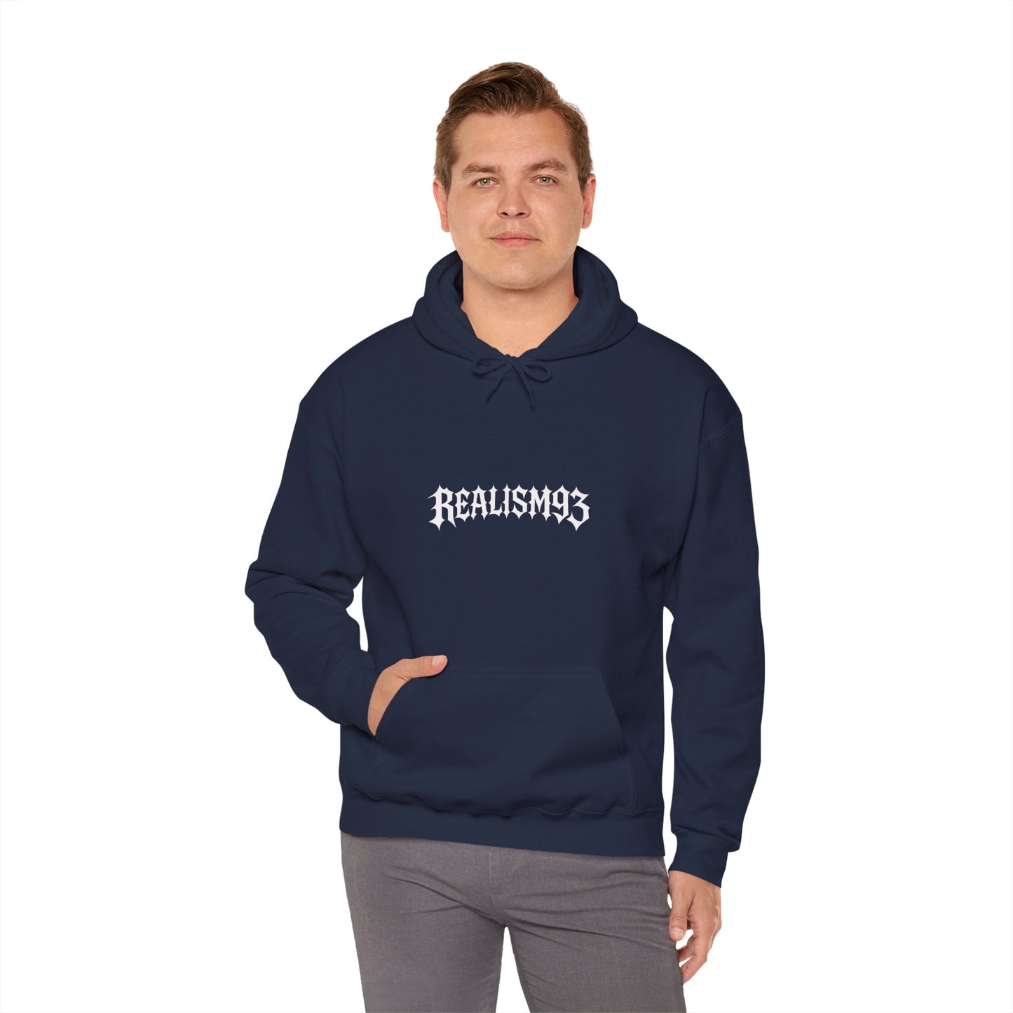 Realism93 Gothic Logo Hoodie — Black Graphic Pullover for Streetwear & Music Fans
