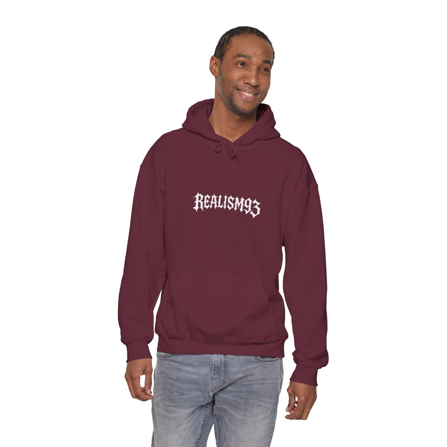 Realism93 Gothic Logo Hoodie — Black Graphic Pullover for Streetwear & Music Fans
