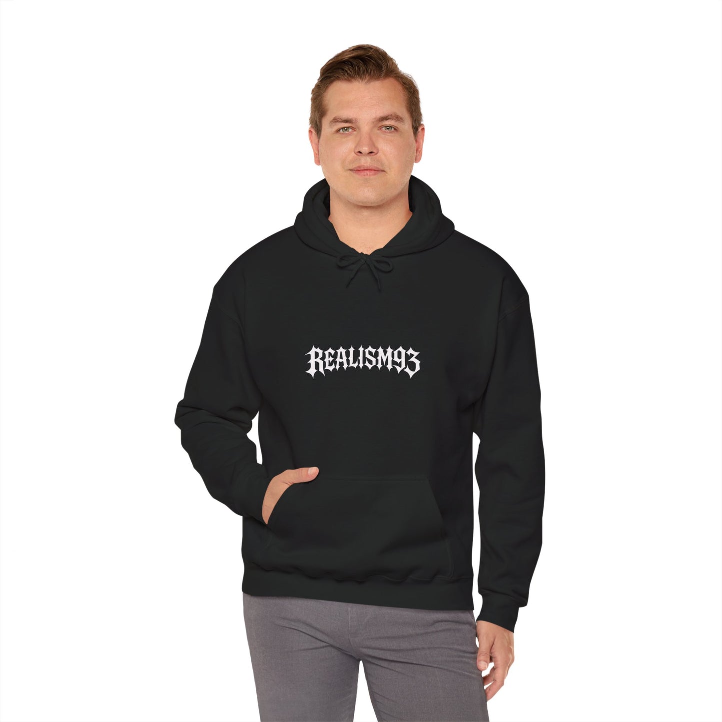 Realism93 Gothic Logo Hoodie — Black Graphic Pullover for Streetwear & Music Fans