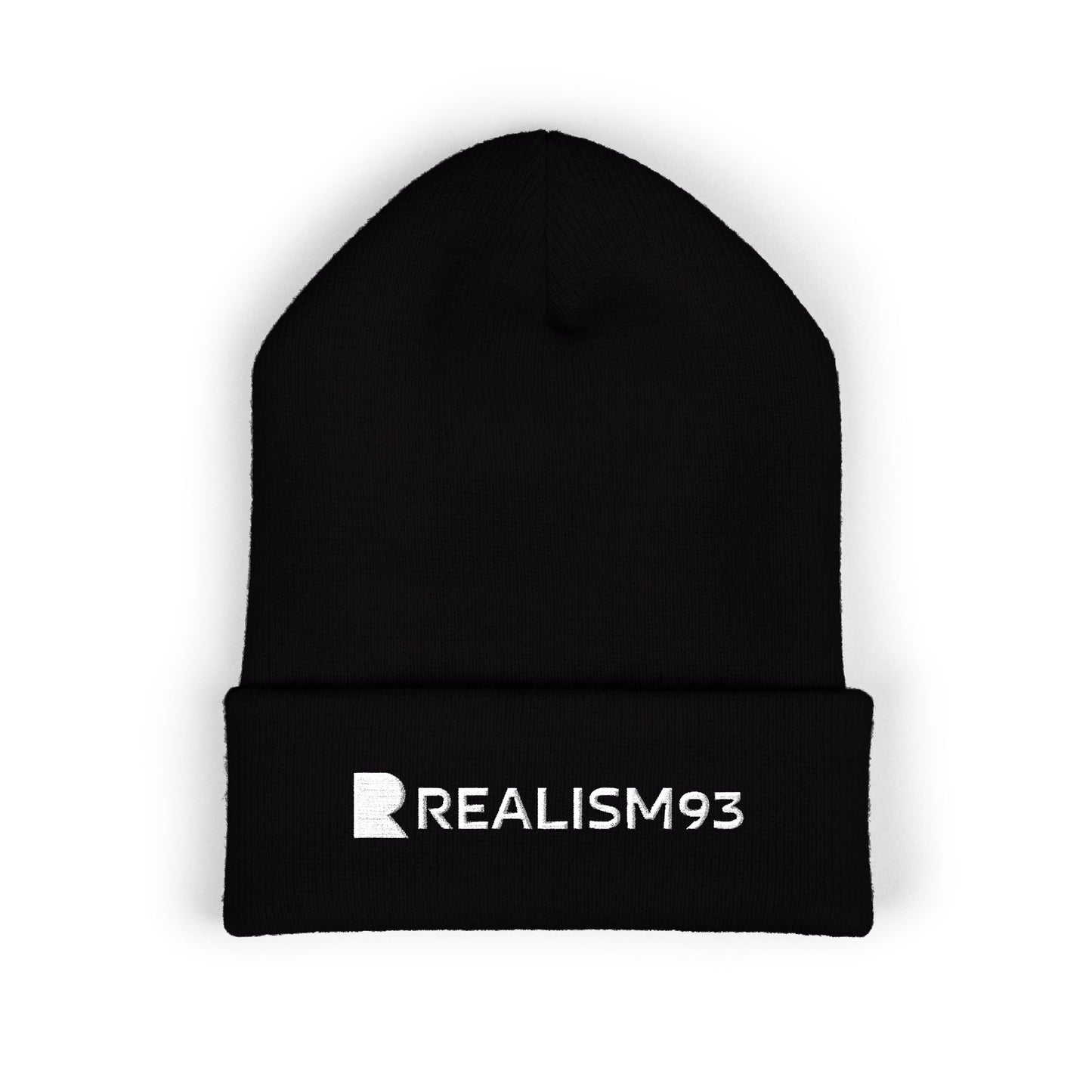 Realism93 White Logo Embroidered Cuffed Beanie — Minimal Logo Knit Hat