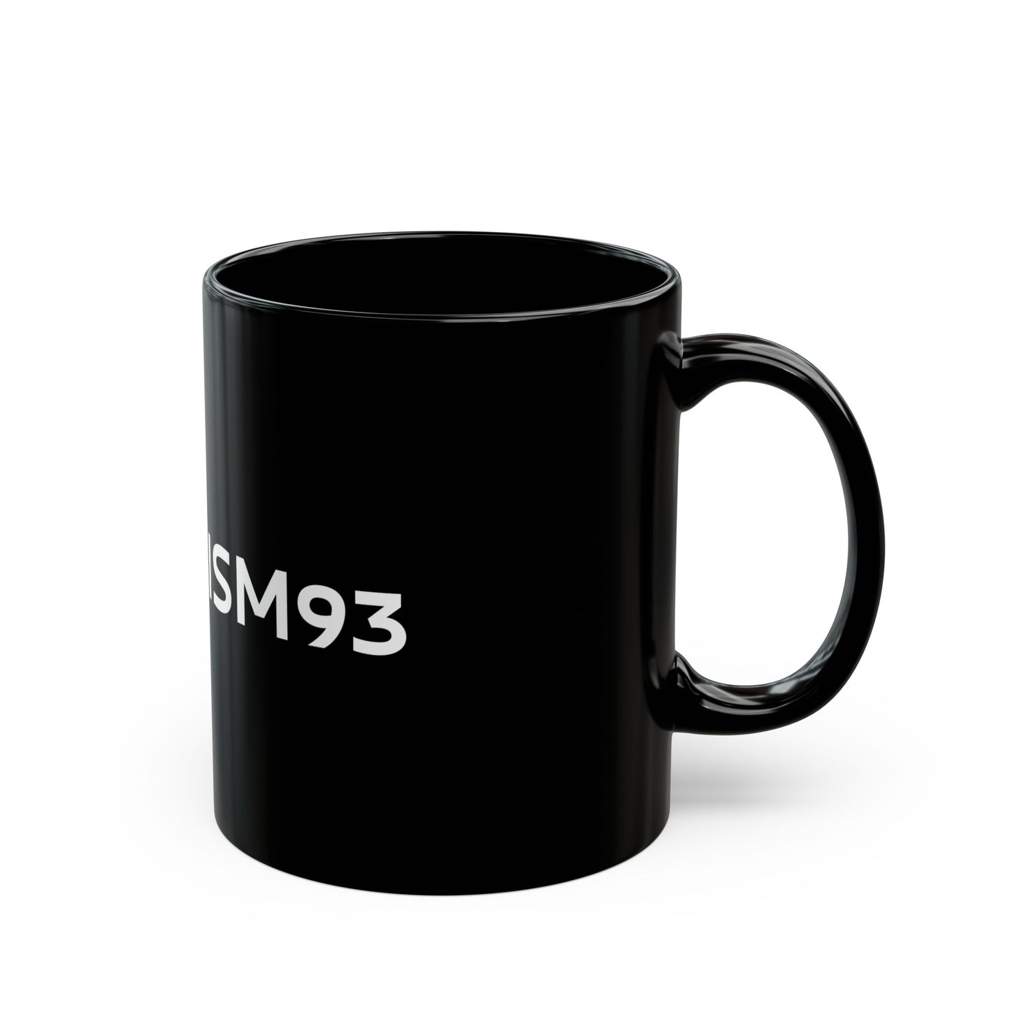 Realism93 Black Ceramic Mug — Minimal Logo Coffee Cup (11oz)