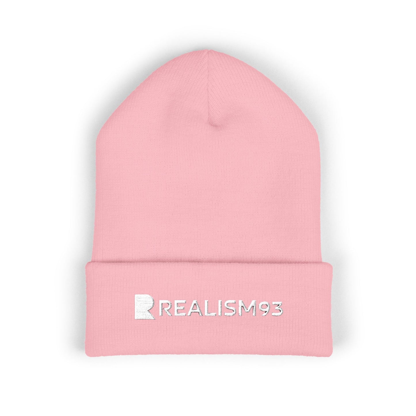 Realism93 White Logo Embroidered Cuffed Beanie — Minimal Logo Knit Hat