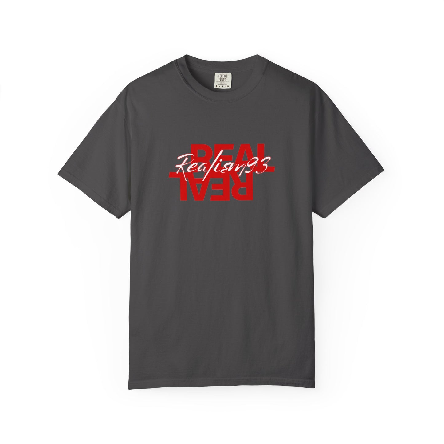 Real/Real Inverted Graphic T-Shirt — Red Distressed Text