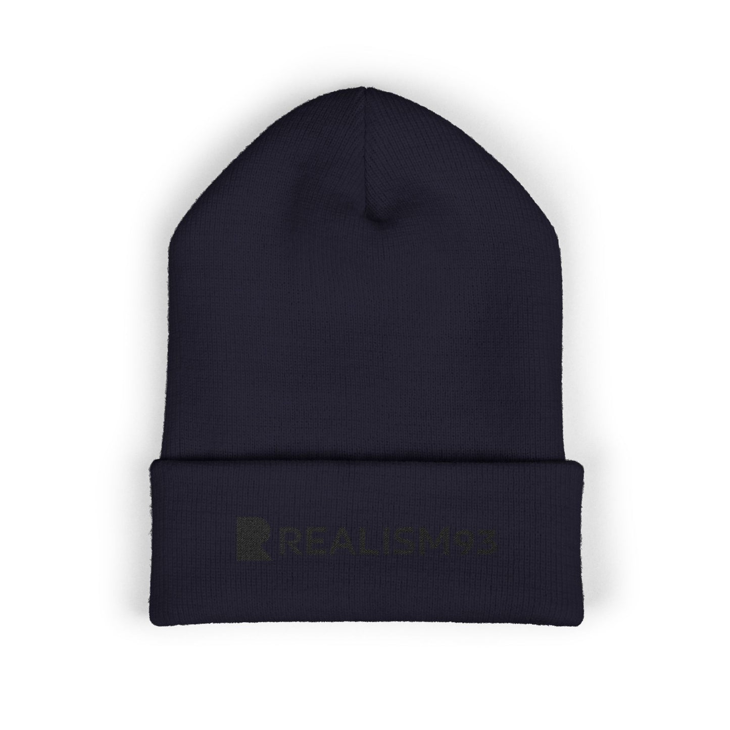 Realism93 Black Logo Embroidered Cuffed Beanie — Minimal Logo Knit Hat