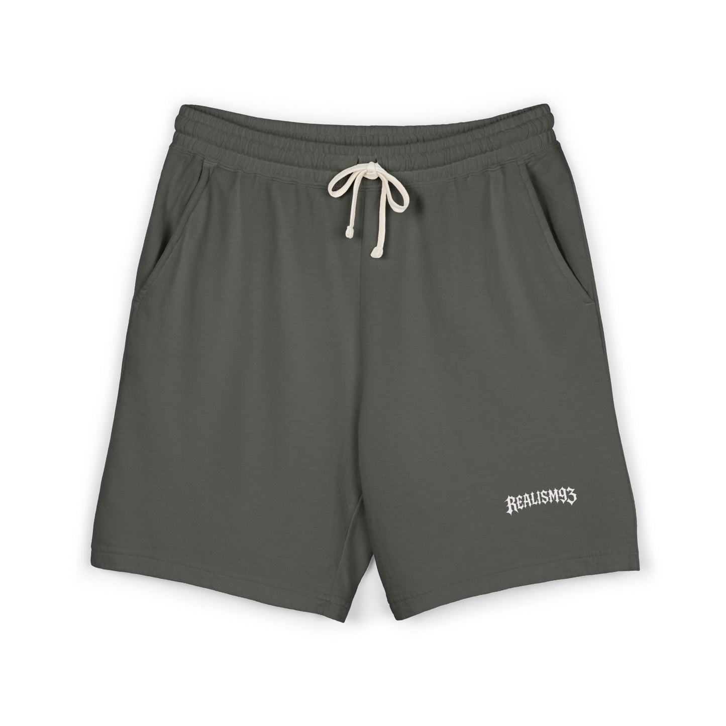 Realism93 Gothic Logo Fleece Sweat Shorts — Casual Lightweight Lounge Shorts