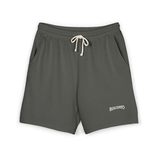 Realism93 Gothic Logo Fleece Sweat Shorts — Casual Lightweight Lounge Shorts