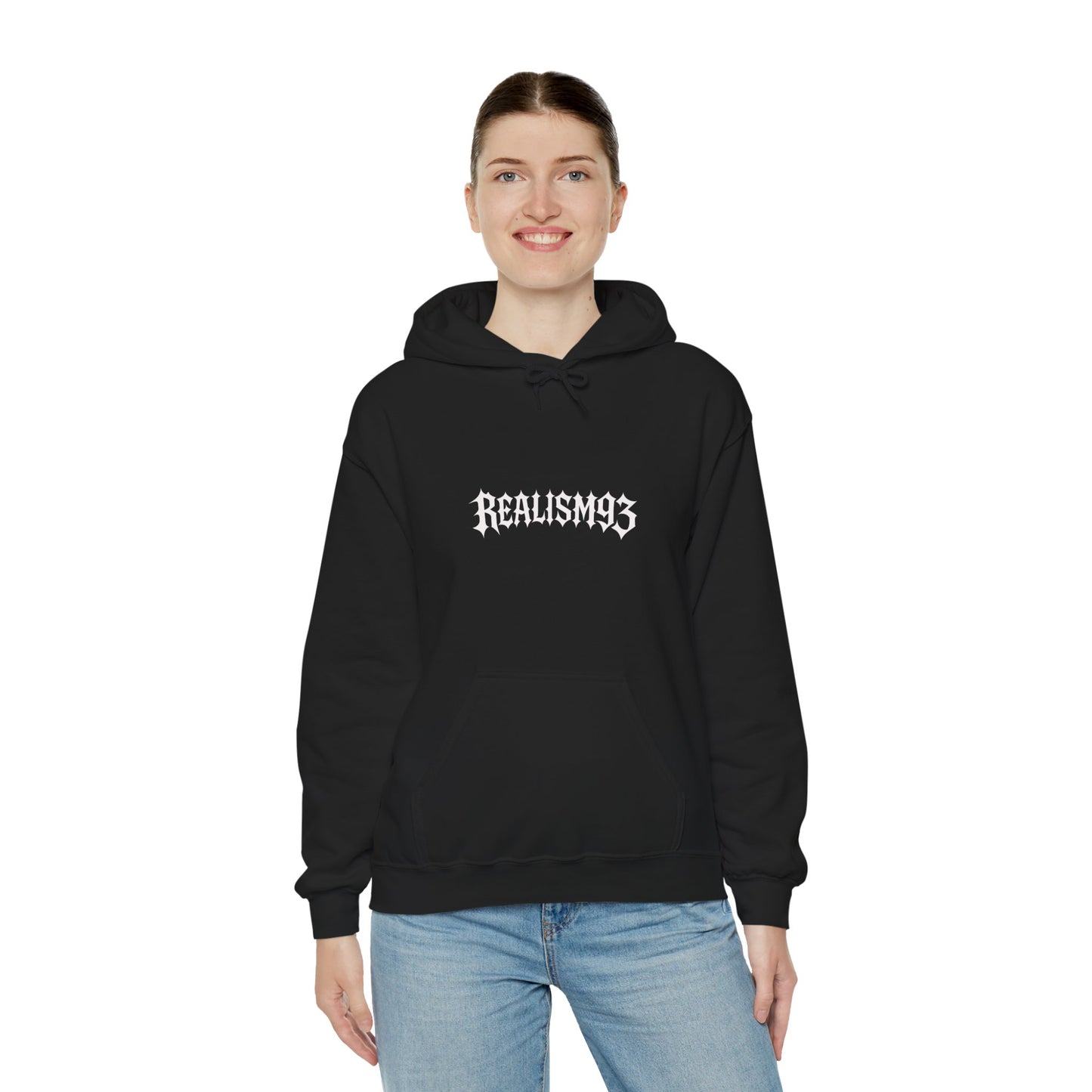 Realism93 Gothic Logo Hoodie — Black Graphic Pullover for Streetwear & Music Fans