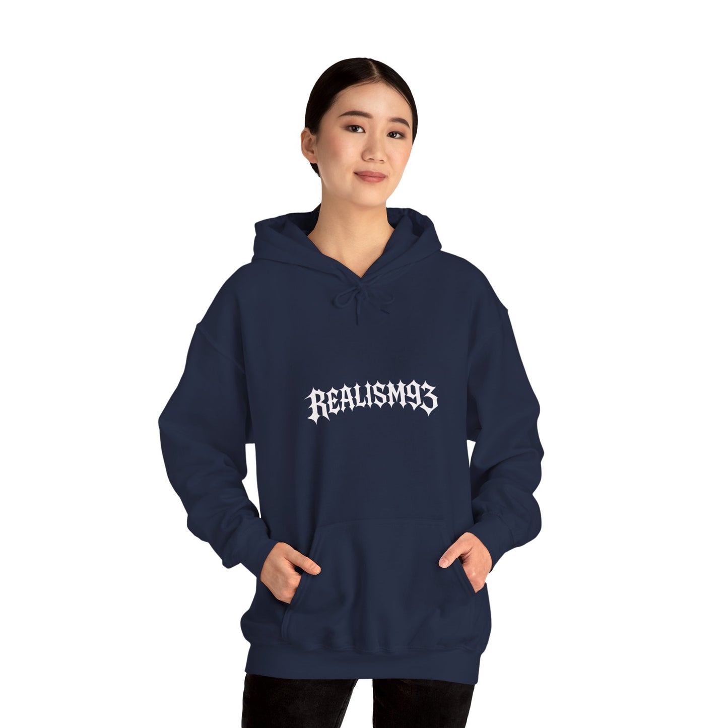 Realism93 Gothic Logo Hoodie — Black Graphic Pullover for Streetwear & Music Fans