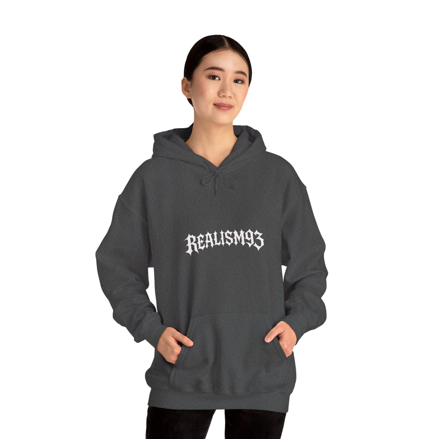 Realism93 Gothic Logo Hoodie — Black Graphic Pullover for Streetwear & Music Fans