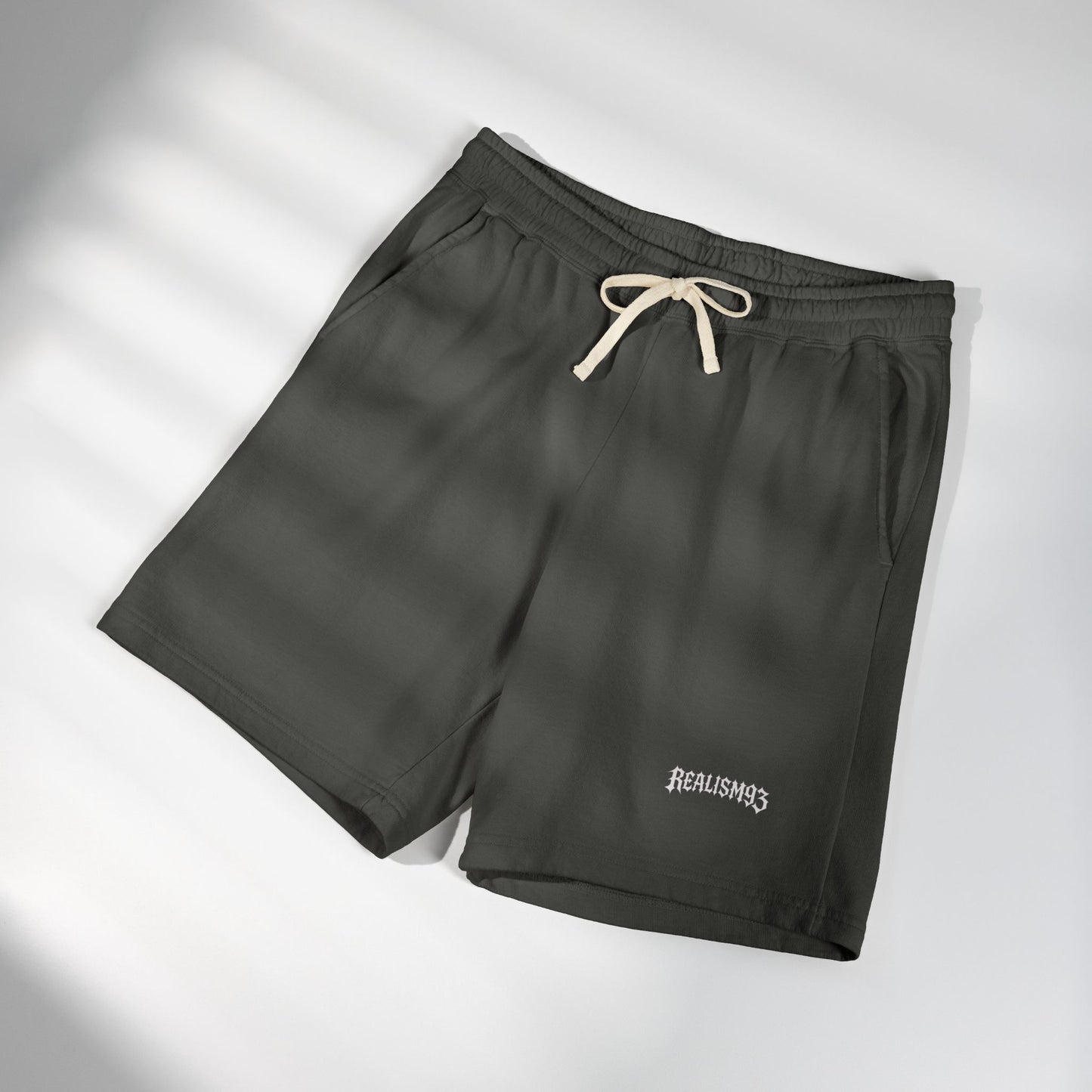Realism93 Gothic Logo Fleece Sweat Shorts — Casual Lightweight Lounge Shorts