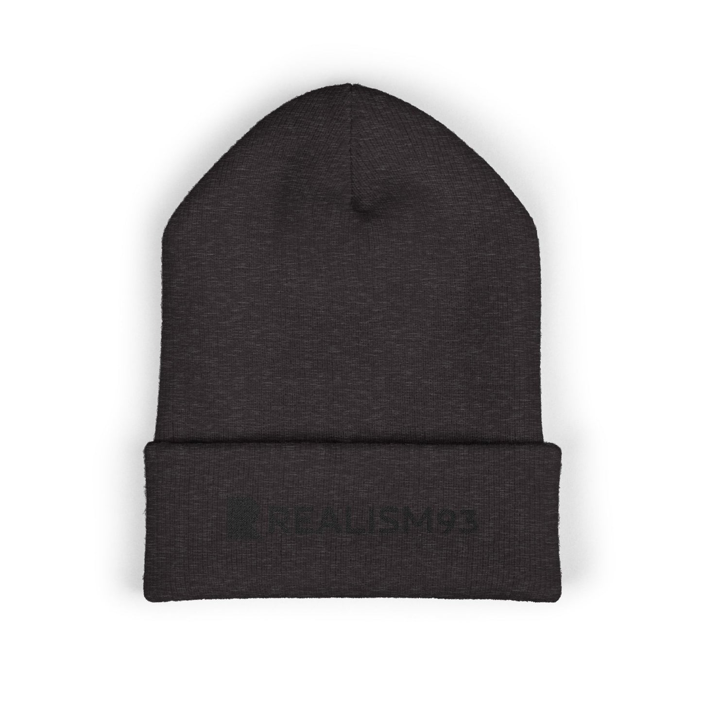 Realism93 Black Logo Embroidered Cuffed Beanie — Minimal Logo Knit Hat