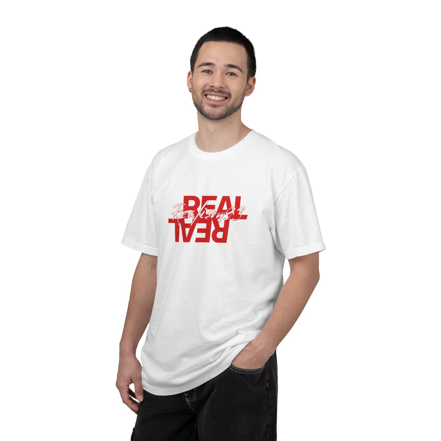 Real/Real Inverted Graphic T-Shirt — Red Distressed Text
