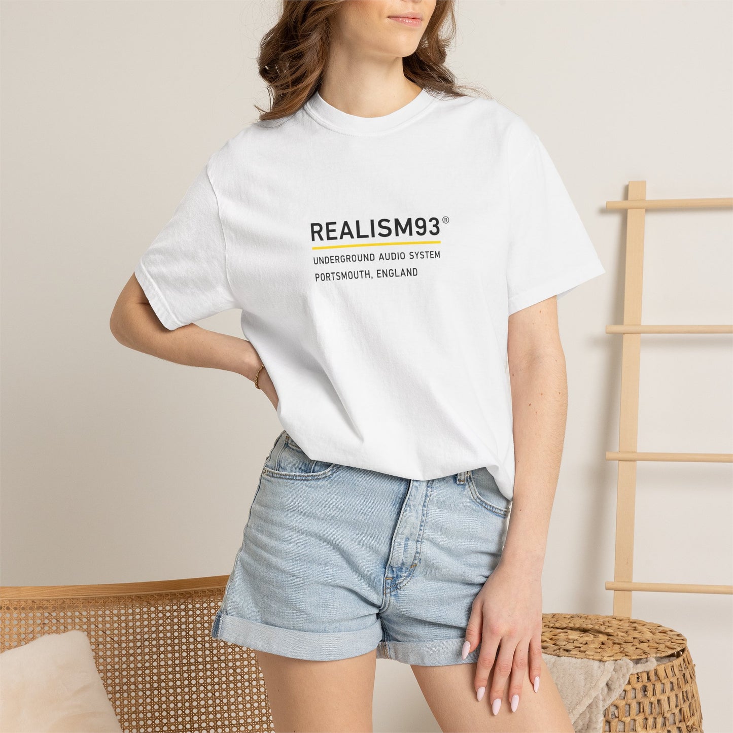 Realism93® Minimal Logo T-Shirt — White Graphic Tee